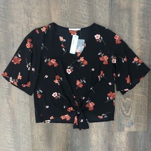 NEW Lush Black Floral Tie-Front Blouse - Women’s S